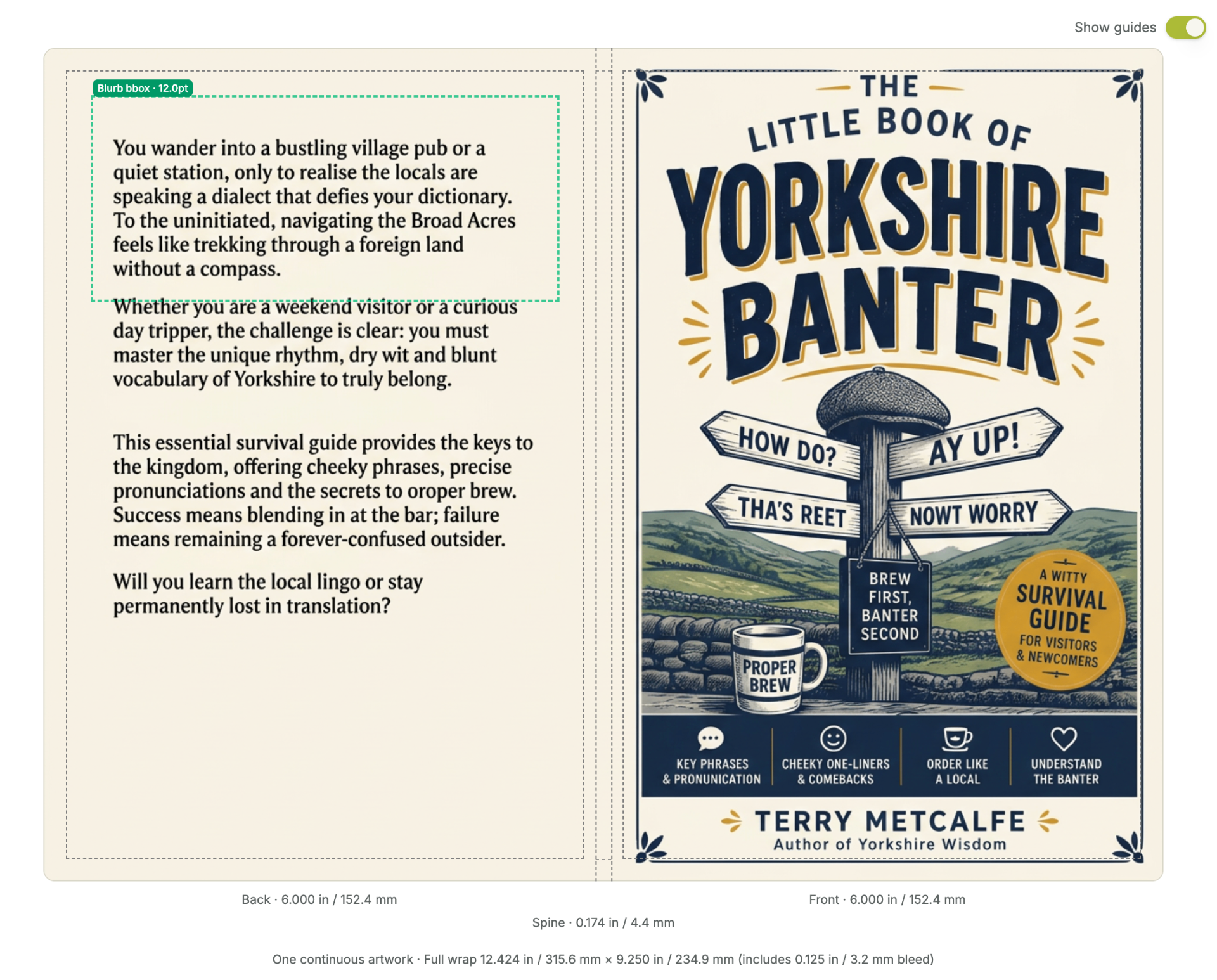 Full cover wrap layout showing back blurb, spine and front cover with KDP safe-area guides