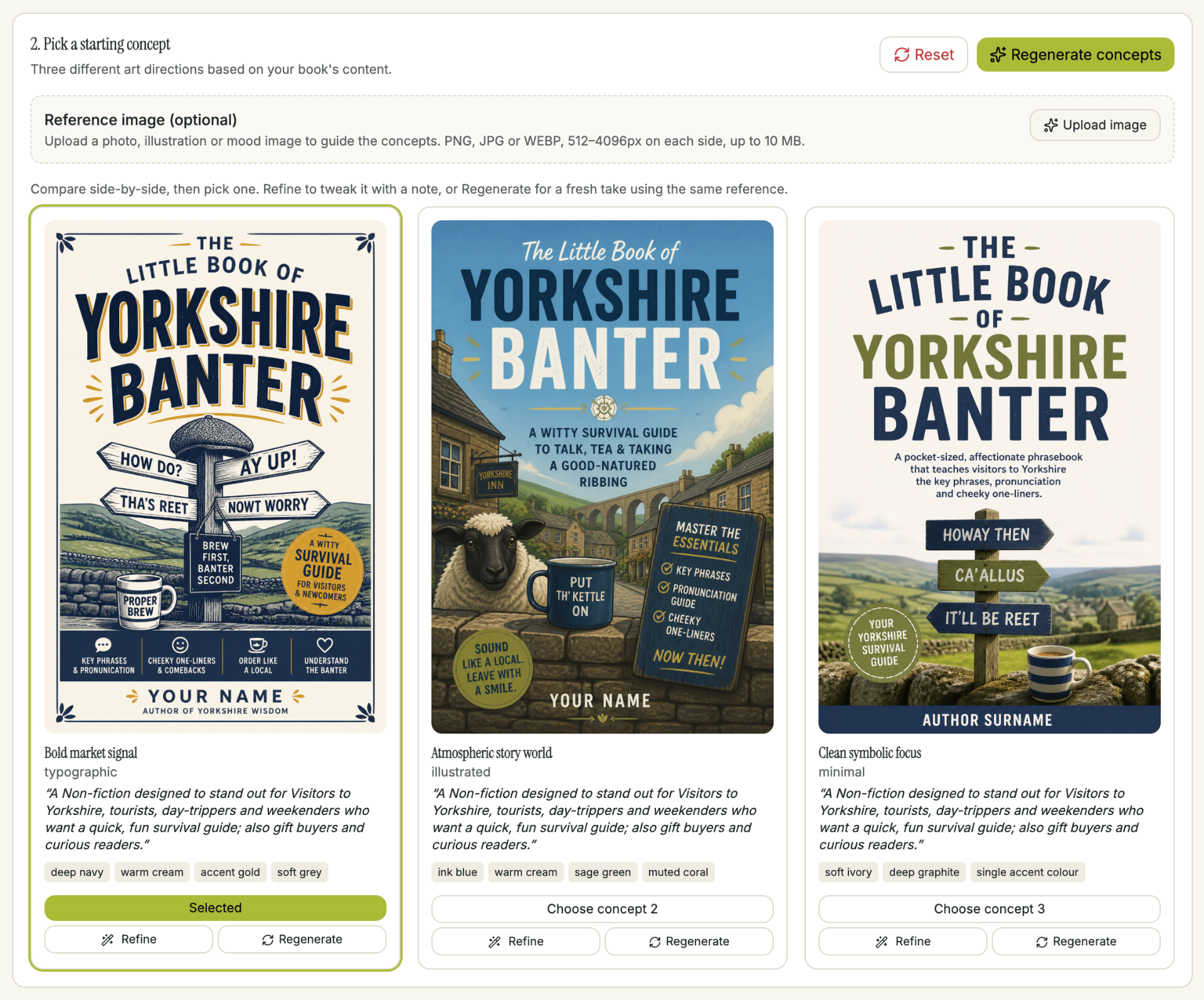 Three cover concept options for The Little Book of Yorkshire Banter shown side by side