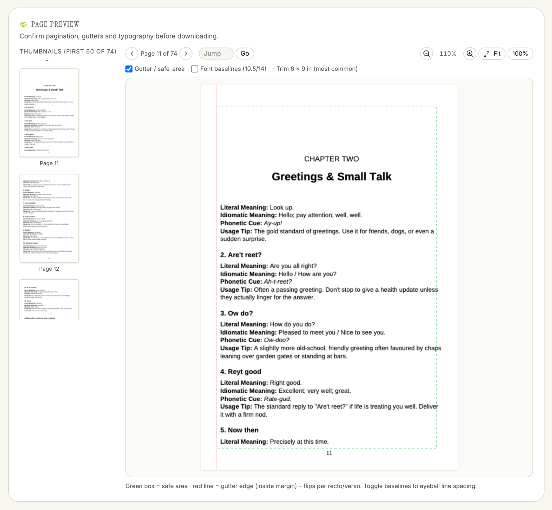 Live page preview of a 6 x 9 in interior page with gutter and safe-area guides on Chapter Two of The Little Book of Yorkshire Banter